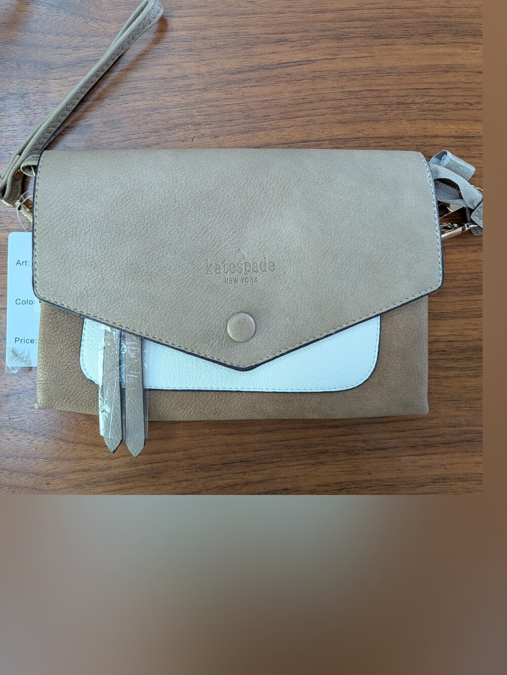 New Kate Spade New York Tan & White Wristlet/Cross Body Purse